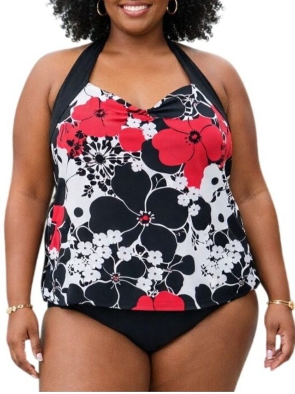 Cherokee Plus Size 16W Tankini Top Adjustable Tie Halter Black Floral Print